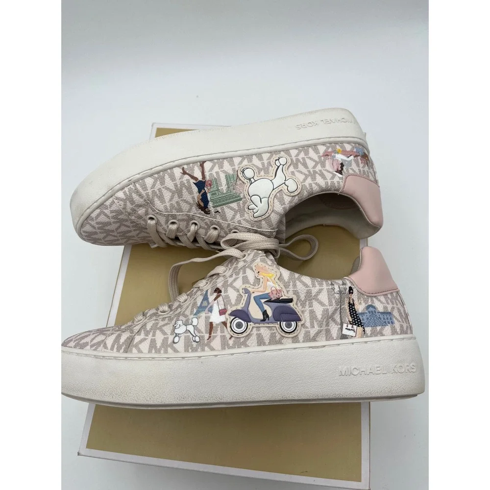 Michael Kors Poppy Lace Up Paris Girl Print Sneakers Vanilla Multi 49S2POFS2B 8M
